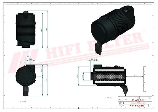 Rysunek wymiarowy Filtr powietrza kompletny SAH 01C08ADP001