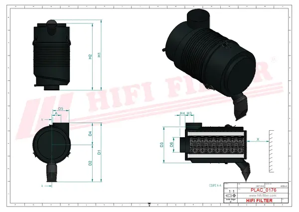 Rysunek wymiarowy Filtr powietrza kompletny SAH 01C08SDP001